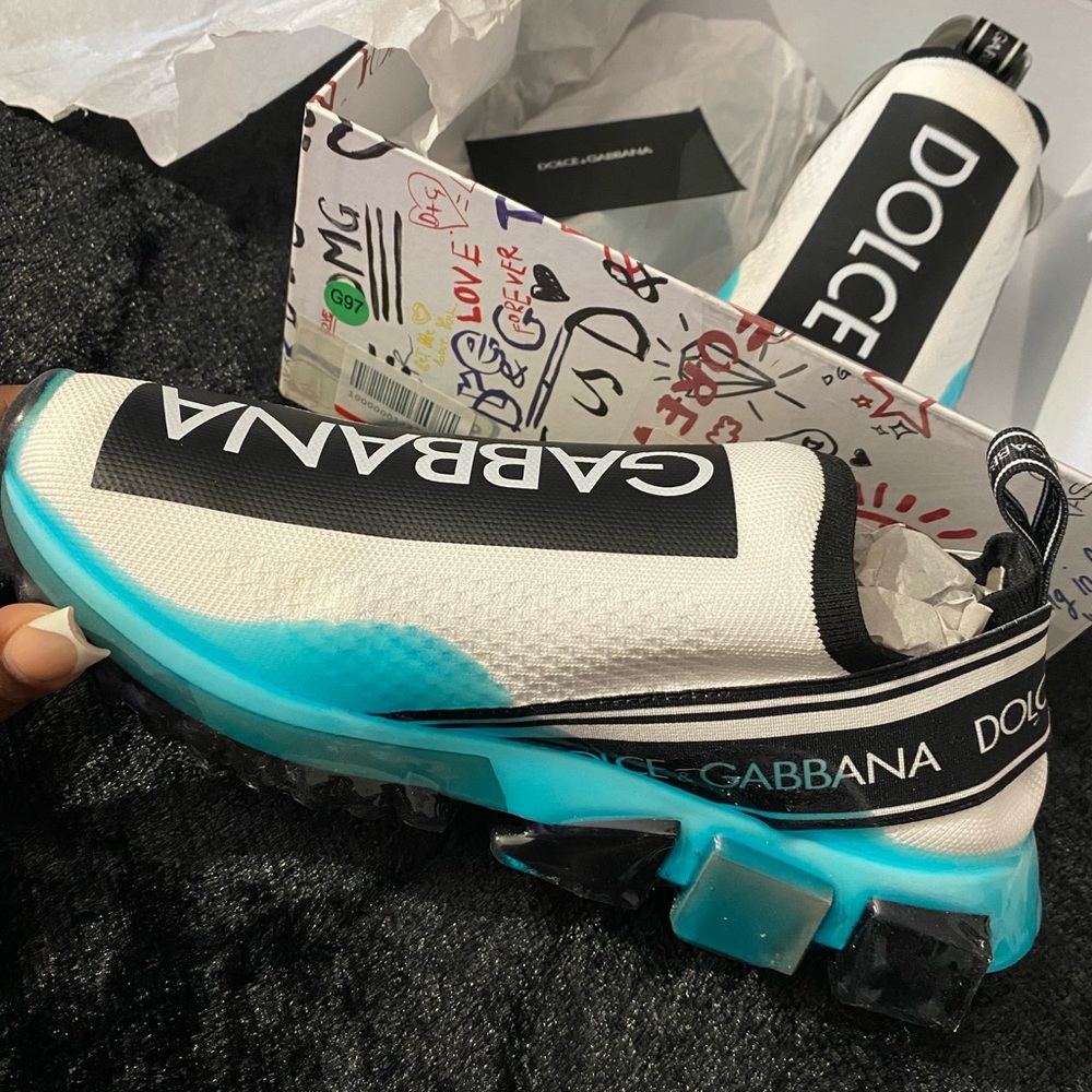 Dolce and Gabbana Sorrento Trainer / White/Black with Teal Drip